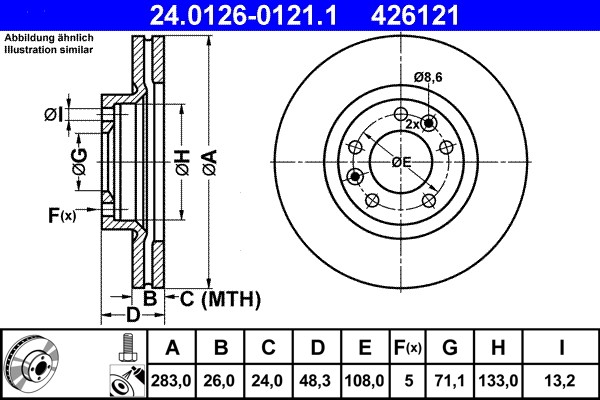 ATE 24.0126-0121.1 Brake Disc for Citroen, Opel, Peugeot, Toyota, Vauxhall