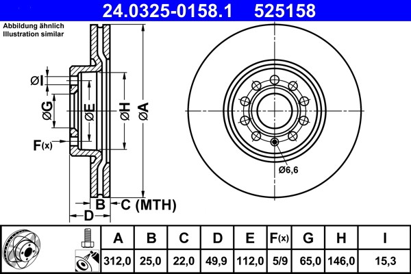 ATE 24.0325-0158.1 Brake Disc for Audi, Cupra, Seat, Skoda, VW