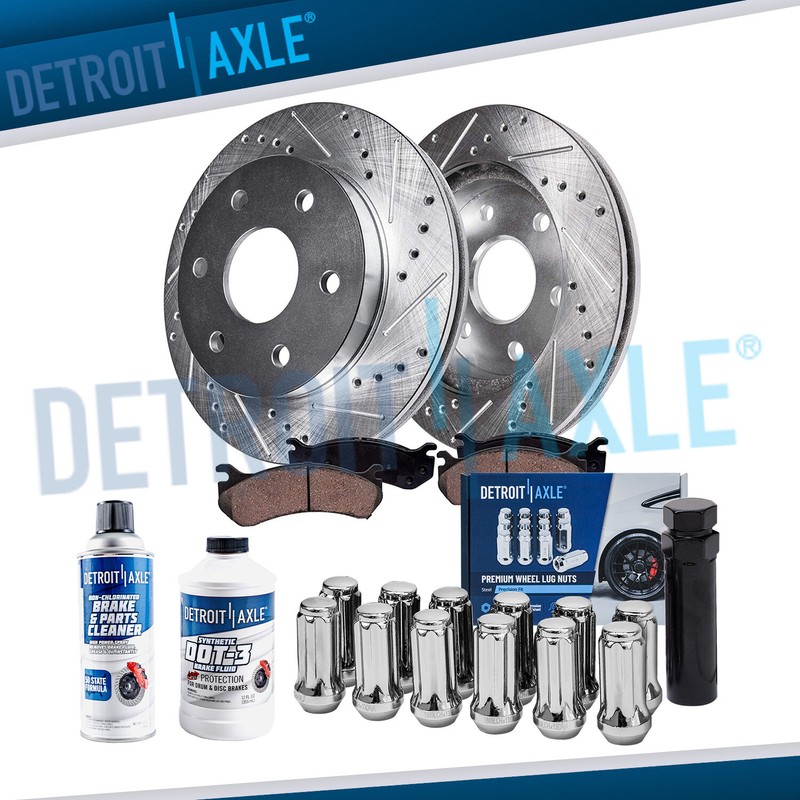 Front Drilled Rotors Brake Pads +12pc Lug Nuts w/key for Traverse Enclave Acadia