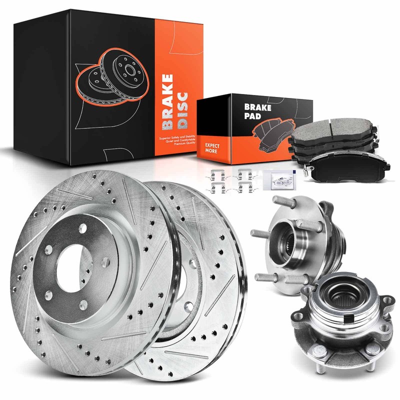 Drilled Rotor & Ceramic Pads + Wheel Hub Bearing for Nissan 2007-2012 2.5L Front