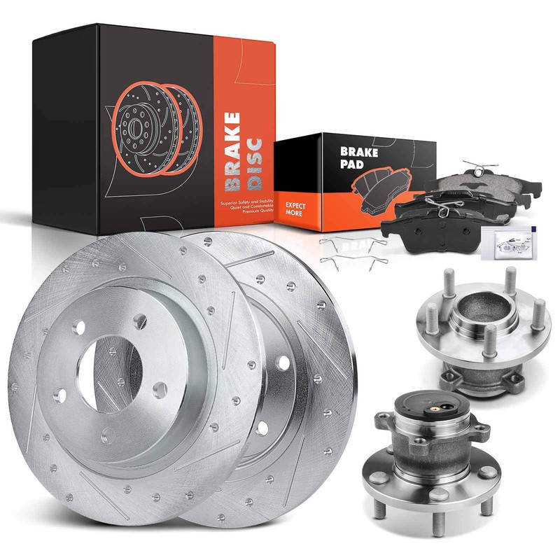 Rear Drilled Brake Rotor & Ceramic Brake Pad+Hub Bearing for Mazda 3 2005-2013