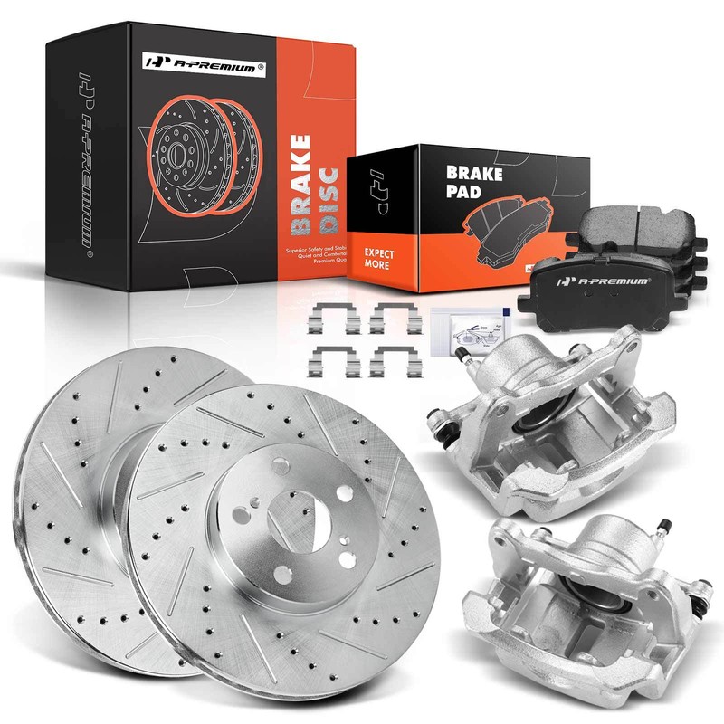 Front Drilled Brake Rotors & Brake Pad + Caliper for Toyota Corolla Matrix 03-08