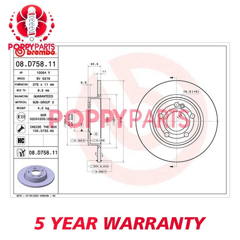 Fits Mercedes A-Class 2018- B-Class 2018- CLA 2019- Brake Discs Rear Poppy