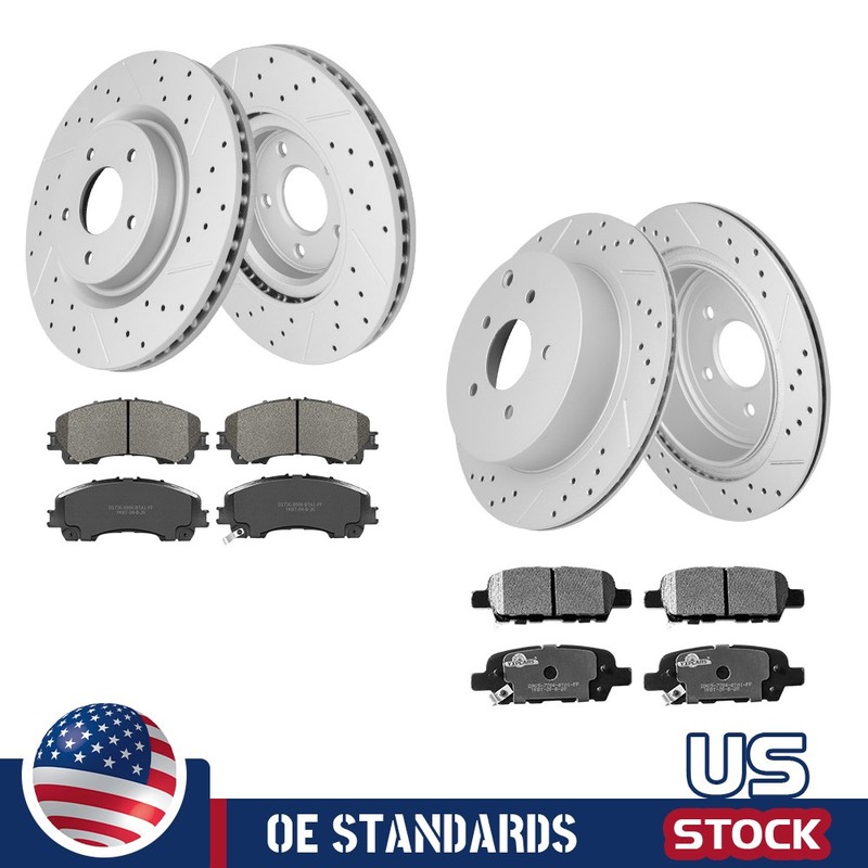 For 2014 – 2024 Infiniti Q50 Front Rear Drilled Disc Rotors Ceramic Brake Pads