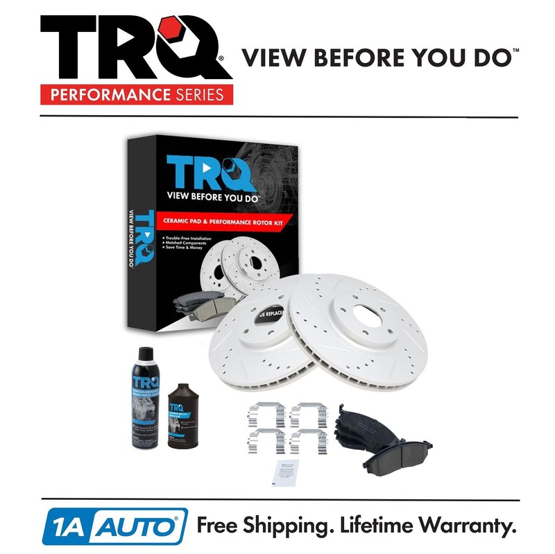 TRQ Front Ceramic Brake Pad & Cross Drilled Rotor w/Chemicals