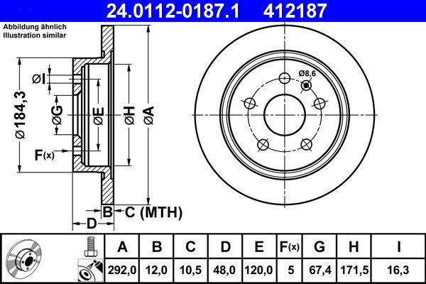 ATE 24.0112-0187.1 Brake Disc for Opel, Saab, Vauxhall