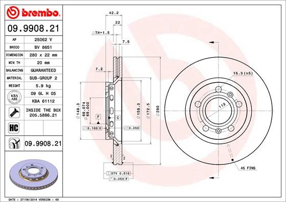 Brembo 09.9908.21 Brake Disc for Audi, VW