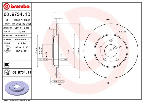 Brembo 08.9734.11 Brake Disc for Ford, Ford (Changanese), Jaguar