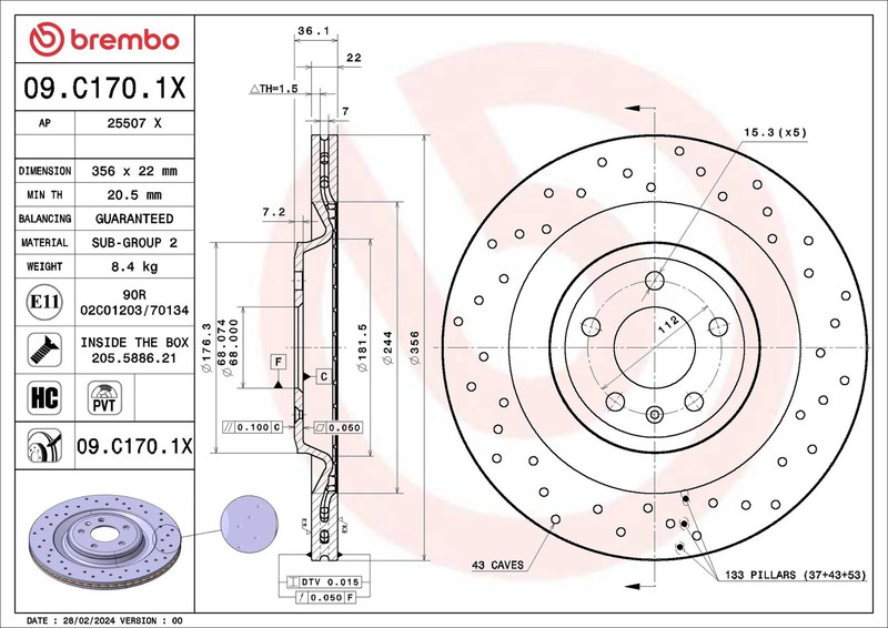 2x Brake Discs Pair Vented fits AUDI A6 C7 2.0D Rear 11 to 18 356mm Set Brembo gallery