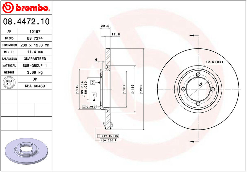 *Brembo Front Brake Rotor – 08.4472.10 / 3298167 – Fits Volvo 340 & 360
