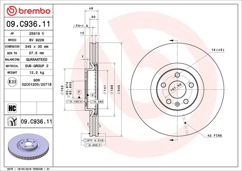 X2 PCS L&R SIDES FRONT BRAKE DISC 09.C936.11 gallery