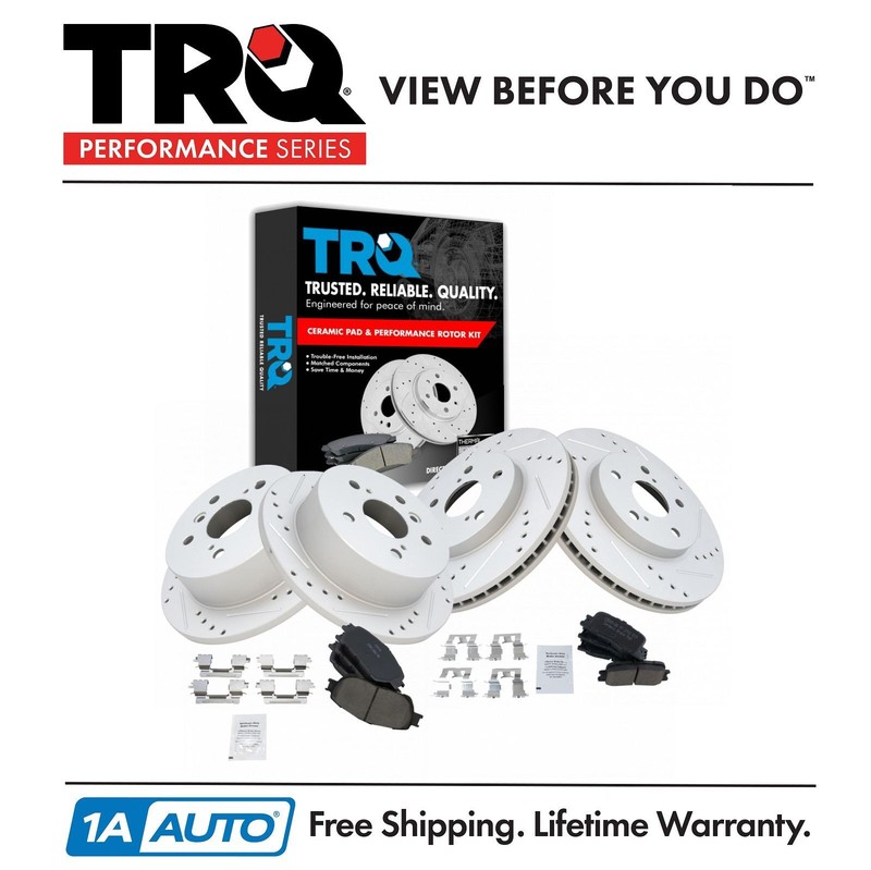 TRQ Front Rear Posi Ceramic Brake Pad Performance Drilled Slotted Rotor Kit