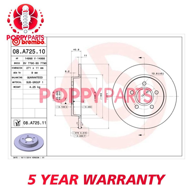 Fits Ford Focus 2010-2020 + Other Models Brake Discs Rear Poppy