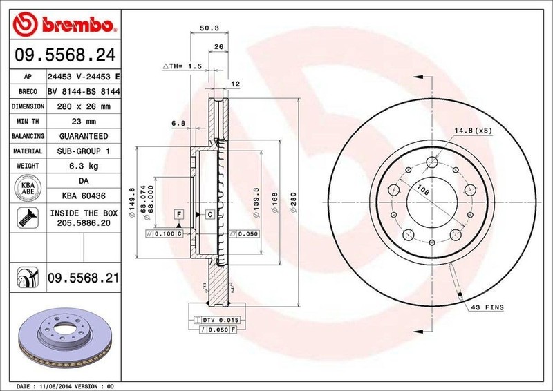 Front Rotor Fits 1999-2004 Volvo C70 09.5568.21