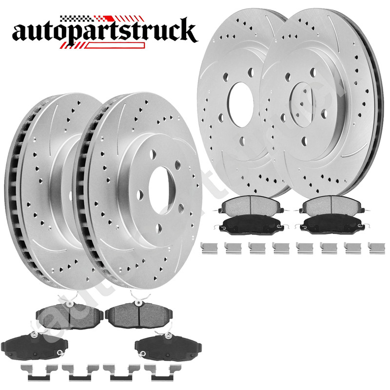 For 2005-2010 Ford Mustang Front and Rear Drilled Disc Rotors Ceramic Brake Pads