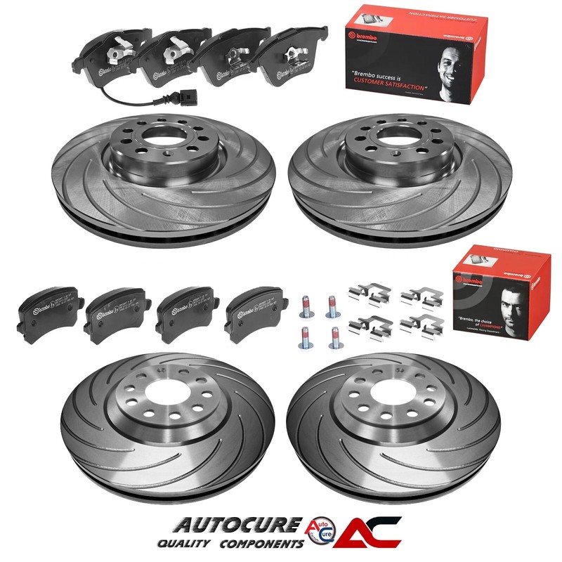 FOR VW GOLF R32 MK5 FRONT & REAR GROOVED VENTED BRAKE DISCS & BREMBO PAD SET