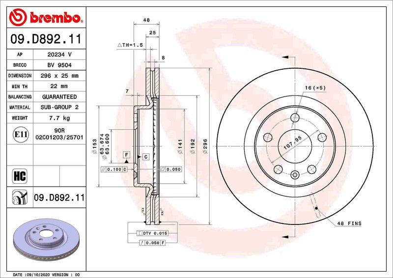 Brembo 09.D892.11 Brake Disc for Lynk & Co, Volvo, Volvo Asia