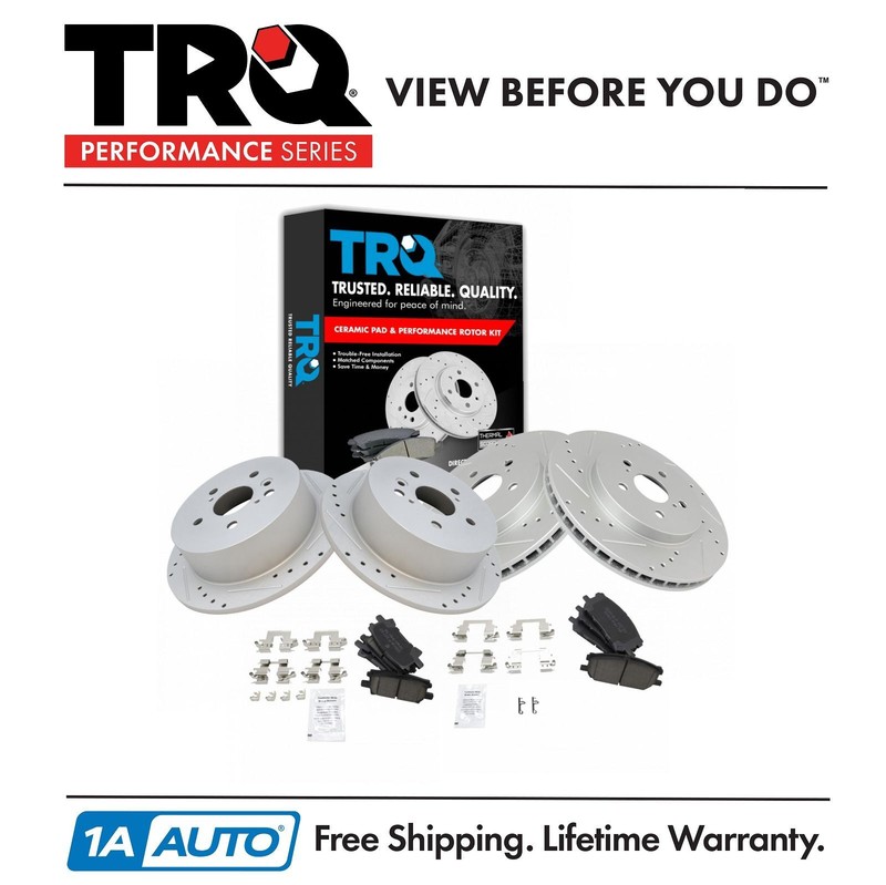 TRQ Front & Rear Ceramic Brake Pad & Performance Drilled Slotted Rotor