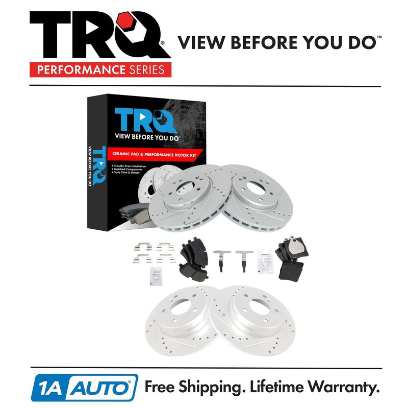TRQ Front Rear Performance Drilled & Slotted Brake Rotor Ceramic Pads & Hardware