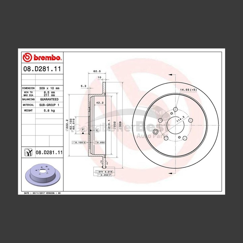 One New Brembo Disc Brake Rotor Rear 08D28111 for Lexus Toyota
