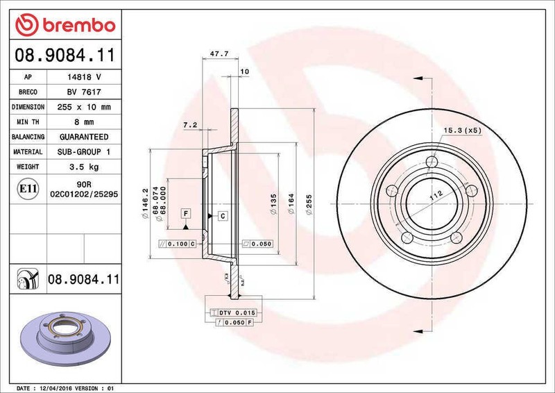 Disc Brake Rotor-Premium UV Coated OE Equivalent Rotor Brembo 08.9084.11 gallery