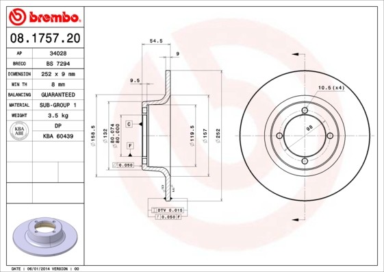 Brembo 08.1757.20 Brake Disc for Skoda