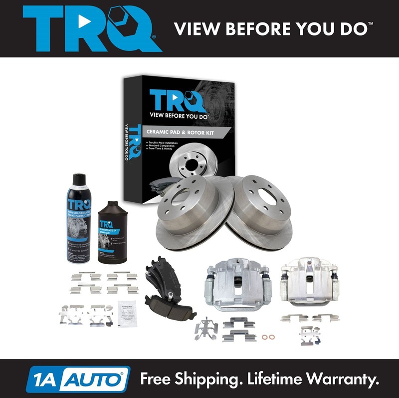 TRQ Rear Ceramic Brake Pad Rotor & Calipers Kit w/Chemicals for Chevy GM Truck