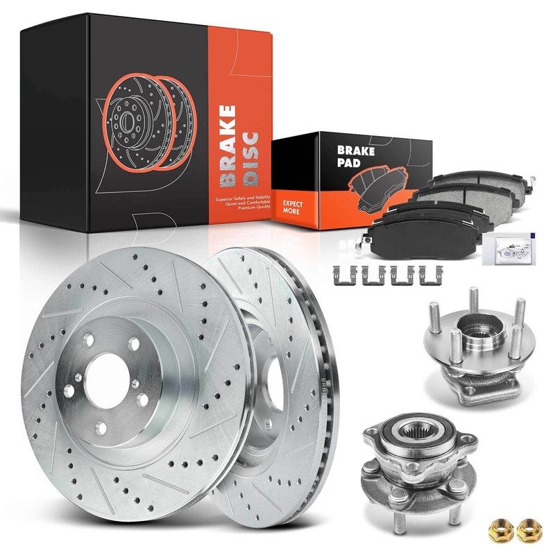 Front Drilled Rotors & Brake Pads + Wheel Hub Bearing for Subaru Legacy Impreza