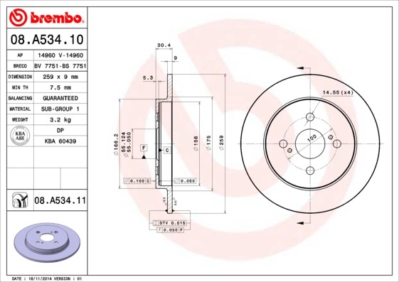 Brembo 08.A534.11 Brake Disc for Aston Martin, Toyota