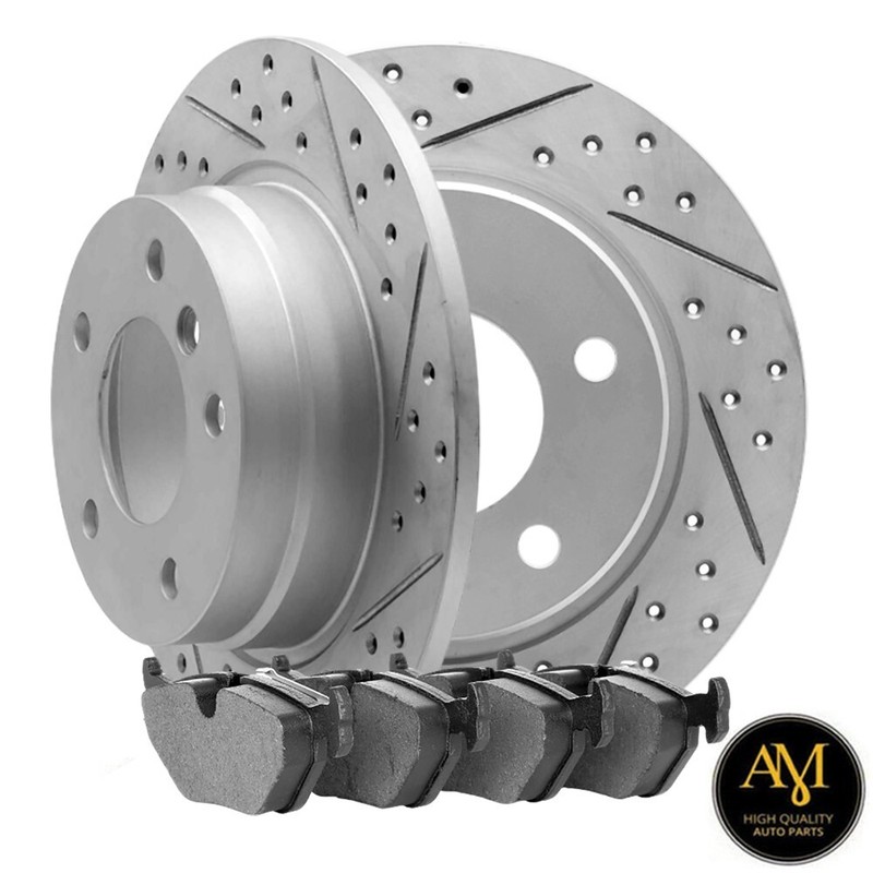 Rear Drilled-Slotted Brake Rotors & Ceramic Pads For BMW 318i, 328is; 280mm