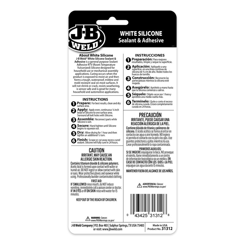 JB Weld 31312 White All Purpose RTV Silicone Sealant & Adhesive, 3 oz gallery