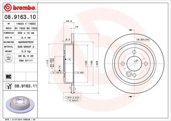 2x Brake Discs Rear Solid Coated Braking System Fits Mini Mini BREMBO 08.9163.11 gallery