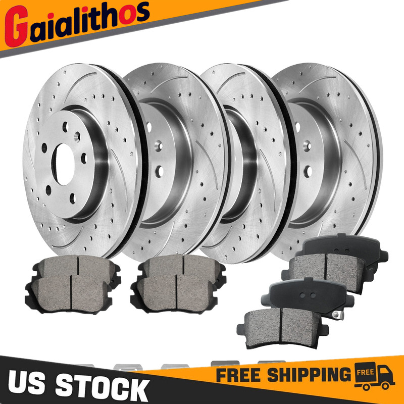 Front Rear Drilled Brake Rotors + Ceramic Brake Pads For 2014-2020 Chevy Impala
