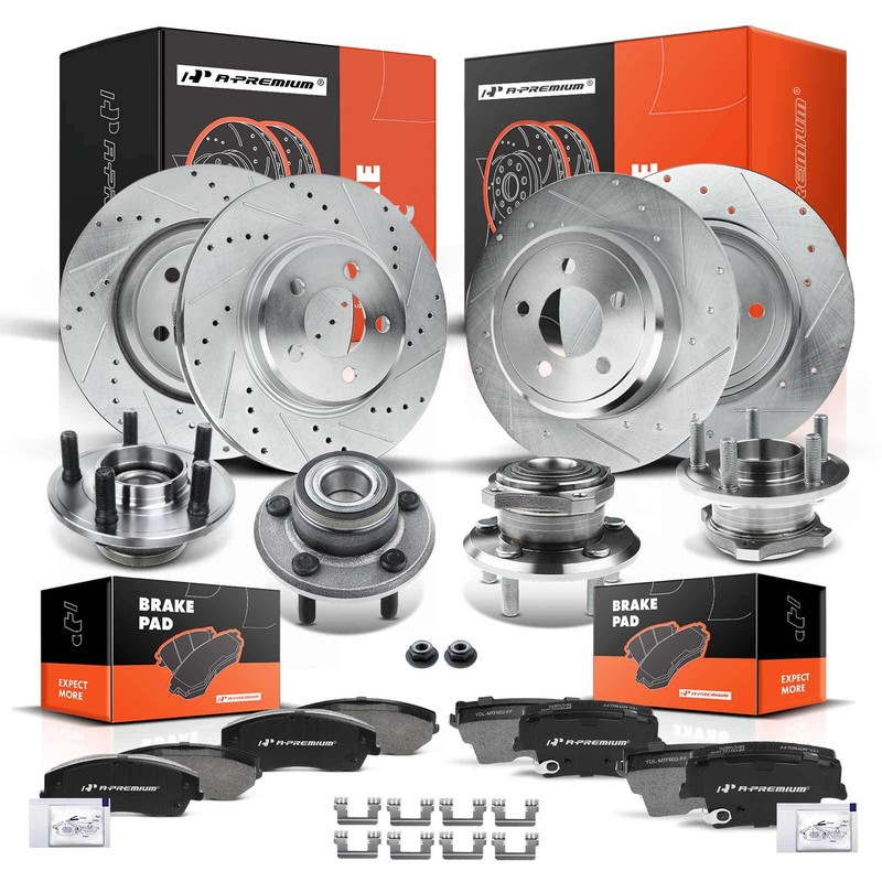 A-Premium Front&Rear Drilled Rotor &Pad+Wheel Hub Bearing for Chrysler 300 09-11