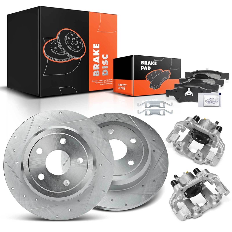 Rear Drilled Brake Rotor & Pad + Caliper for Jeep Grand Cherokee Dodge Durango