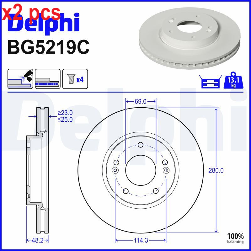 X2 PCS L&R SIDES FITS HYUNDAI KONA 1.0 T-GDI BRAKE DISC BG5219C DELPHI