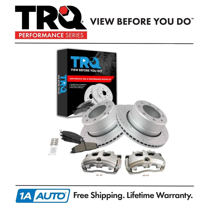 TRQ Rear Brake Calipers Ceramic Pads & Drilled Rotors Fits 11-18 Ram 3500