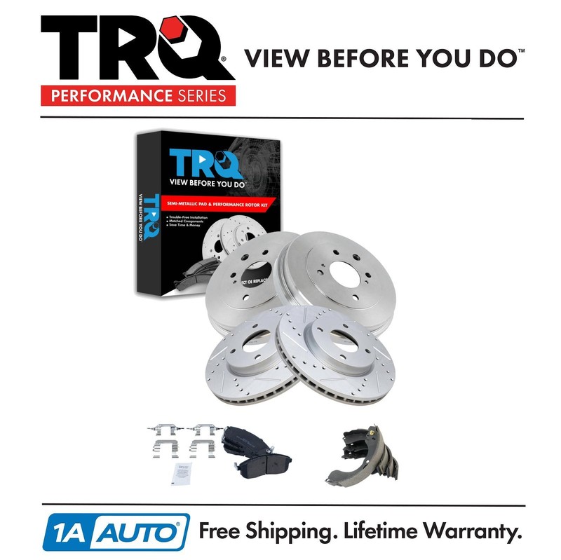 TRQ Front & Rear Semi-Metallic Brake Pads Rotors & Drum Kit Set for Nissan New