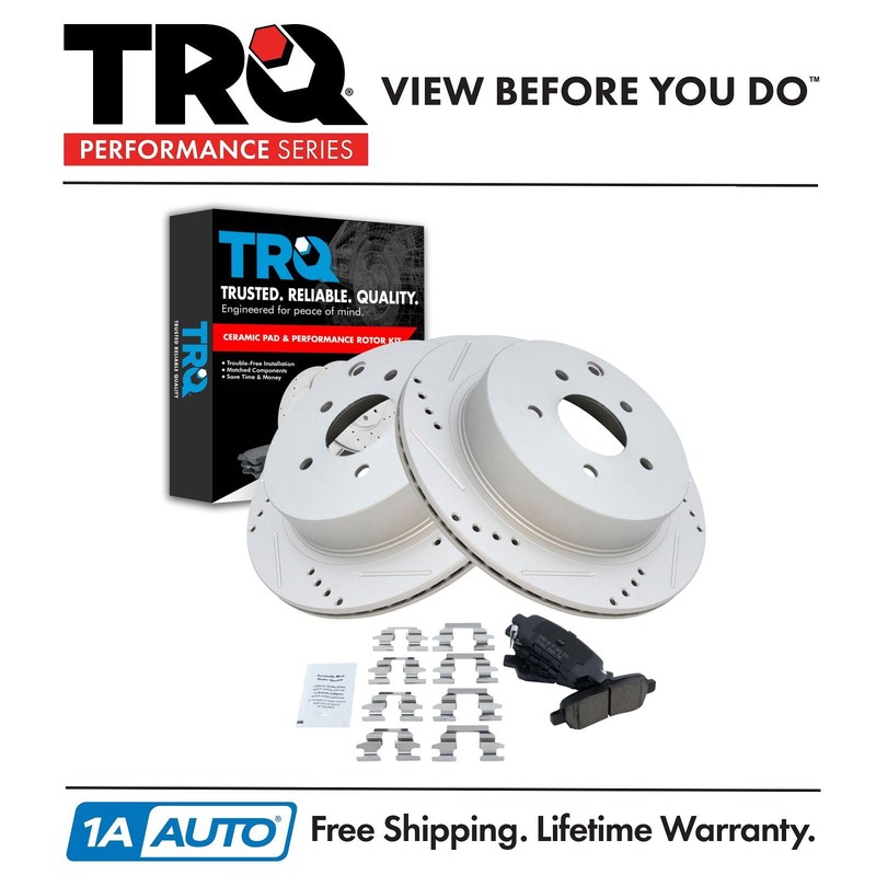 TRQ Rear Posi Ceramic Brake Pad Performance Drilled Slotted Coated Rotor