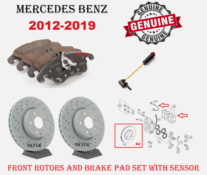 Mercedes Front Brake Pad & 2 Rotors Set w/Sensor E350 E400 SLC300 SLK GENUINE