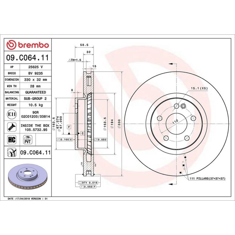Brembo Prime Line UV Coated Vented Brake Disc 09.C064.11 Fits Mercedes