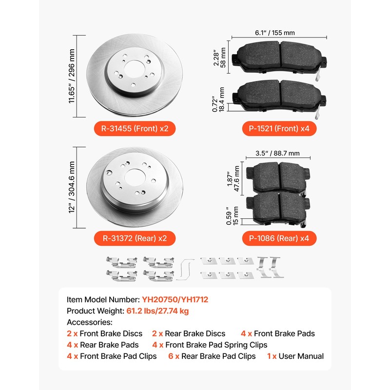 Uimoso Brake Kit for Front & Rear, Fits 2012-2016 Honda CR-V AWD Models gallery