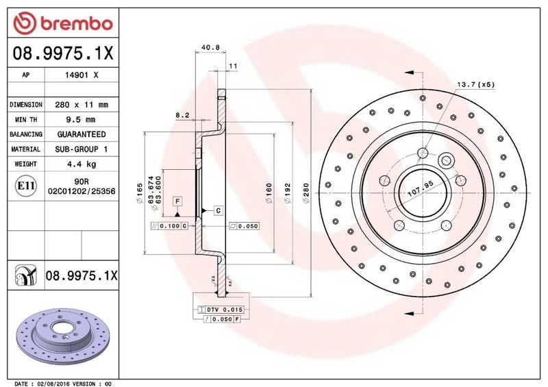 Brembo 08.9975.1X Xtra UV Coated Drilled Solid Brake Rotors - Rear Pair gallery