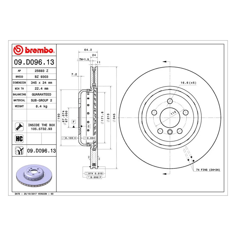 For BMW X5 20-23 Brembo 09.D096.13 PRIME Composite Plain Vented Rear Brake Rotor gallery