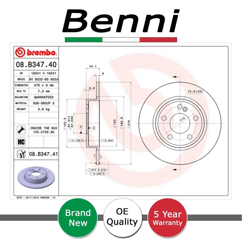 Brake Discs Rear Benni Fits Mercedes A-Class 2012-2018 B-Class 2011-2018