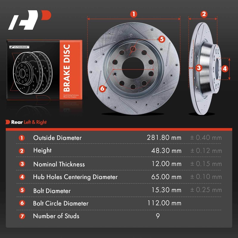 A-Premium Rear Side Drilled Brake Rotors for VW Passat Jetta Tiguan Audi A3 Q3 gallery