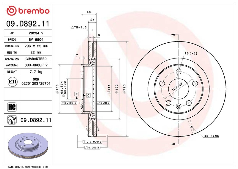 2x Brake Discs Pair Vented Front 296mm 09.D892.11 Brembo Set 31471414 32300121 gallery