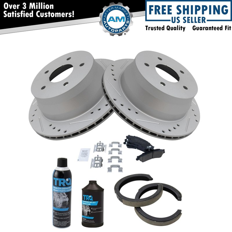Rear Ceramic Brake Pad & Performance Rotor with Parking Shoes w/Chemicals