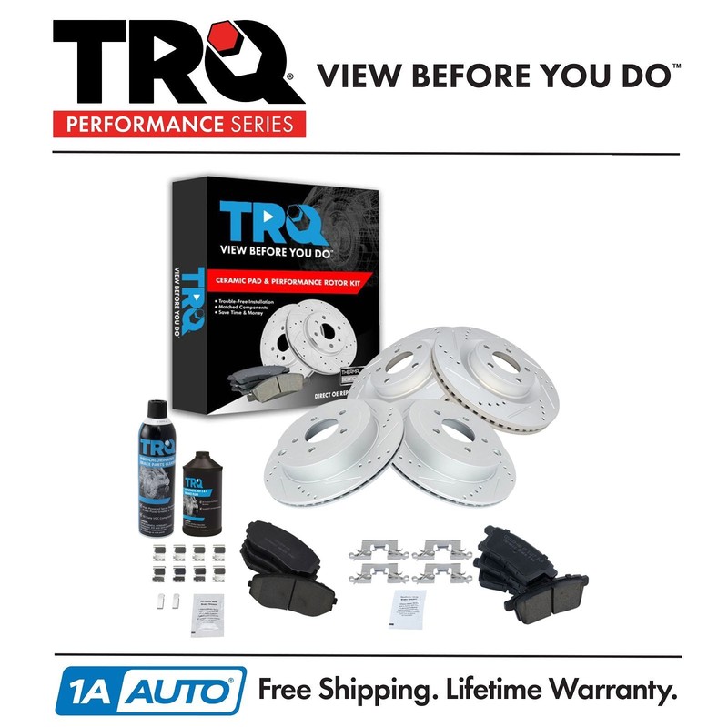 TRQ Front Rear Ceramic Brake Pad & Performance Rotor Kit w/Chemicals