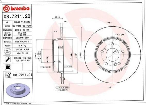1x brake disc Brembo 8.7211.21 for Mercedes-Benz CLK (C209) 3 2005-2009 gallery